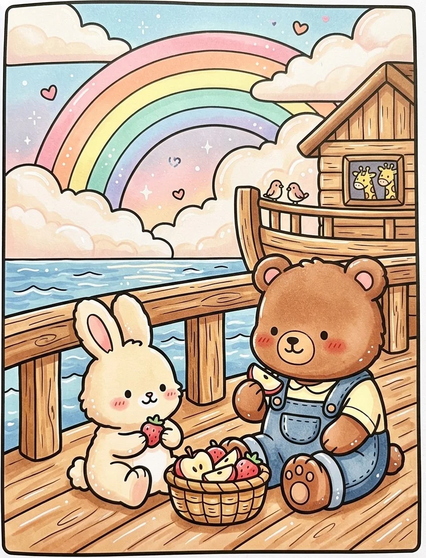 Desenho colorido de piquenique com frutas na Arca de Noé