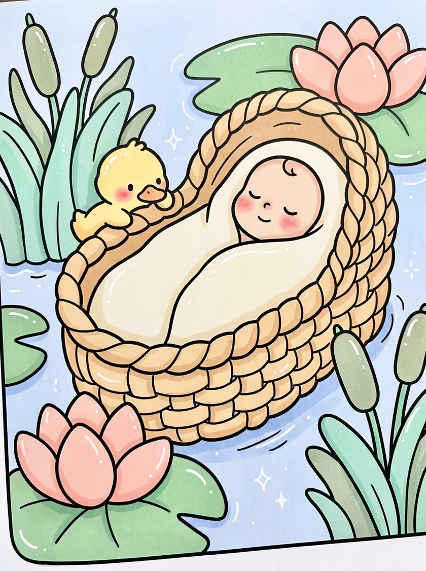 Desenho colorido do bebê Moisés no cestinho com flores de lótus