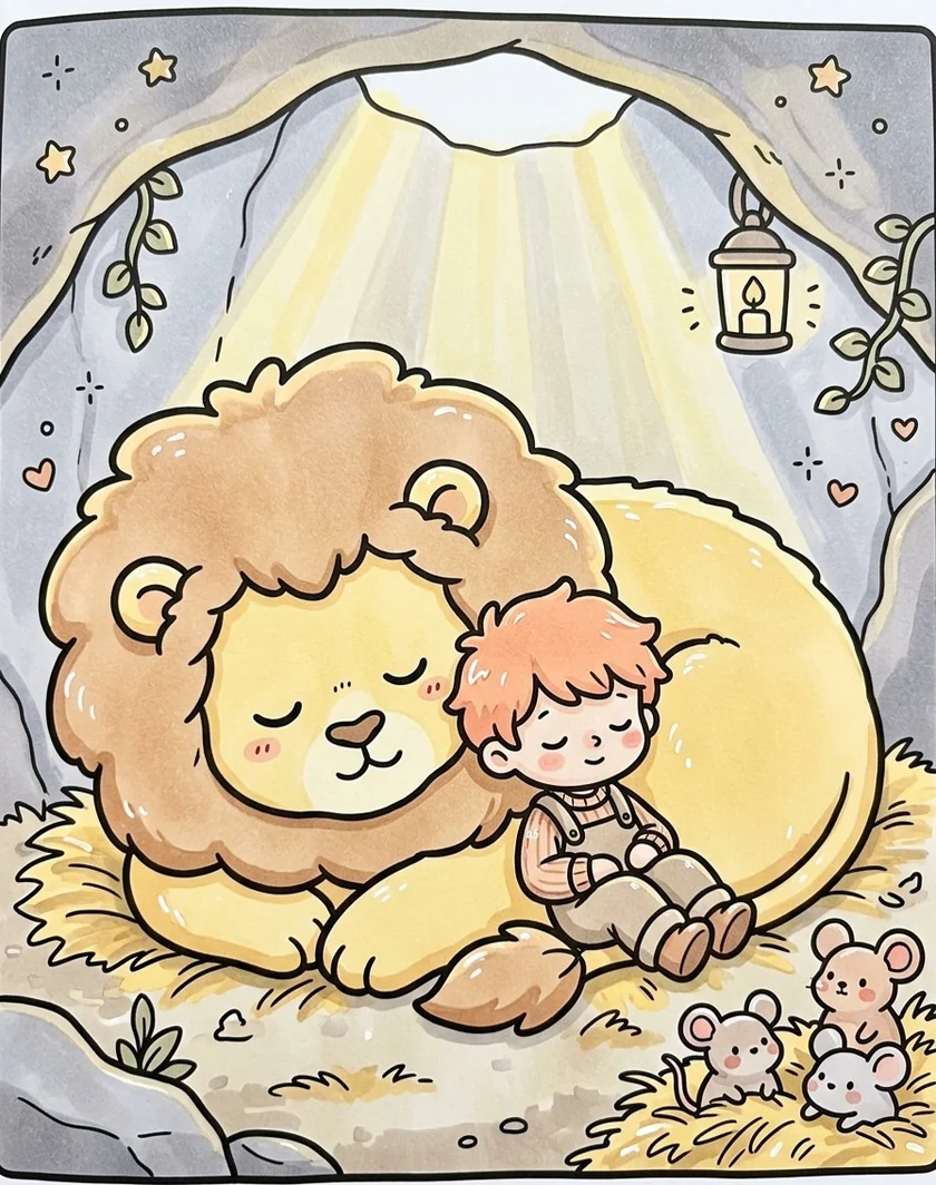 Desenho colorido de Daniel e leão fofinho dormindo