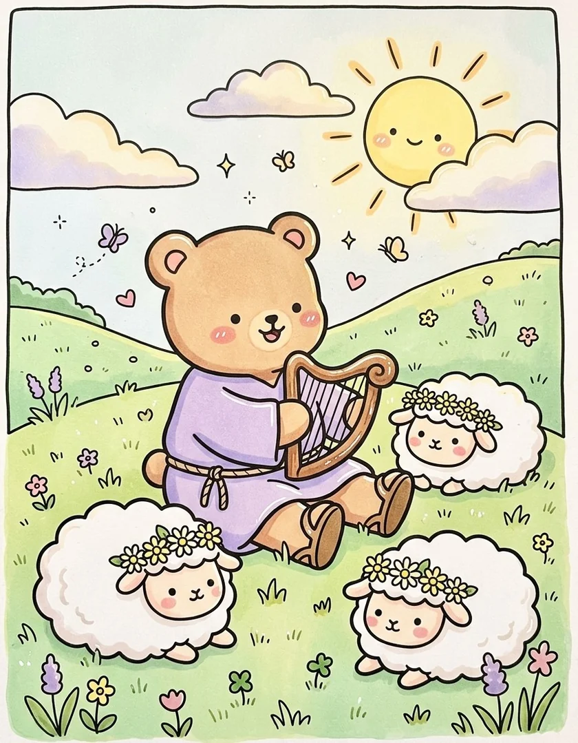 Desenho colorido de pastorzinho tocando harpa para ovelhinhas