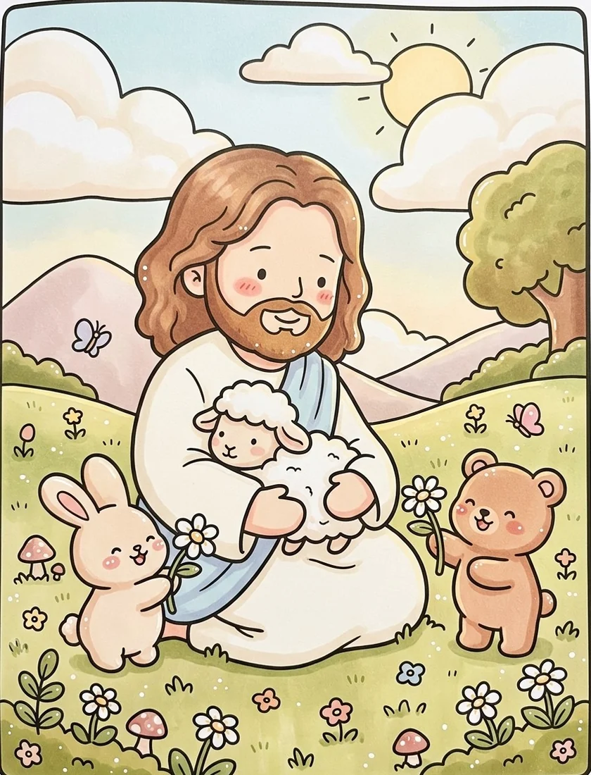 Desenho colorido de Jesus acolhendo criancinhas e ovelhinha