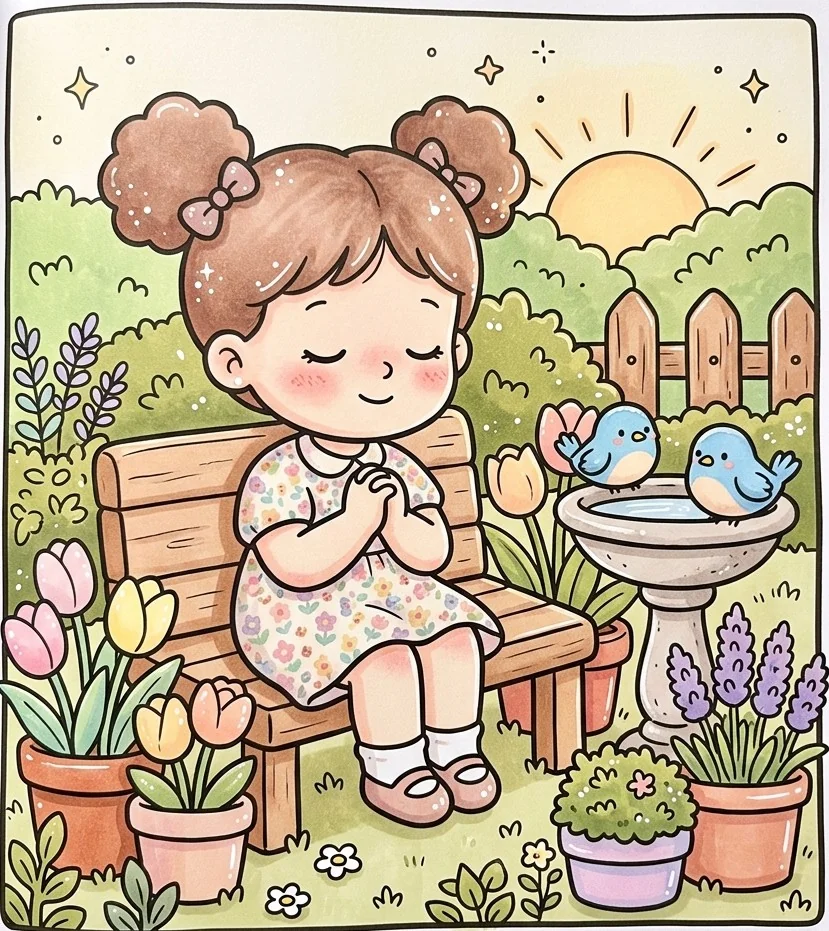 Desenho colorido de menininha orando no banco do jardim