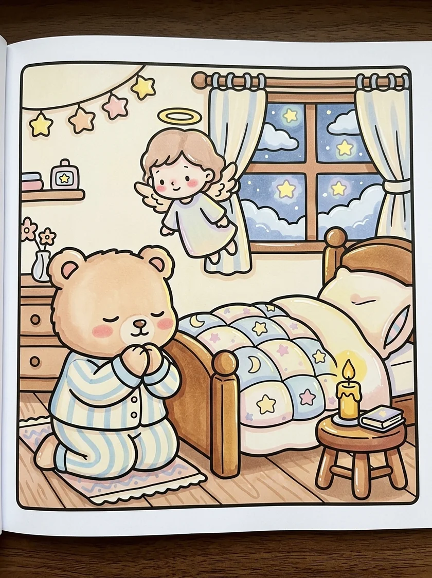 Desenho colorido de ursinho em oração e anjinho da guarda