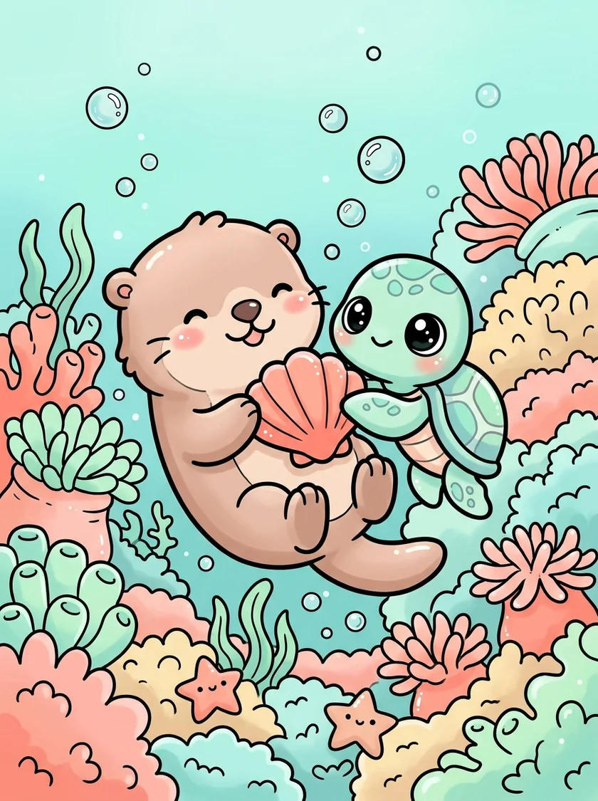 Desenho colorido de tartaruguinha e lontra no fundo do mar