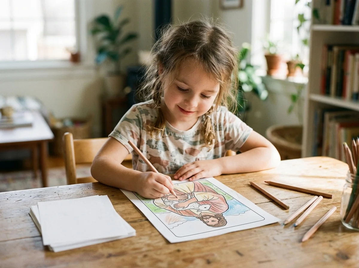 Menina concentrada e feliz colorindo folha bíblica impressa